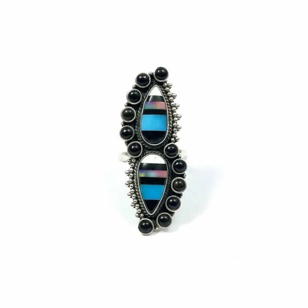 Southwestern Bold Aurora Opal & Onyx Sterling Silver Adjustable Cocktail Ring